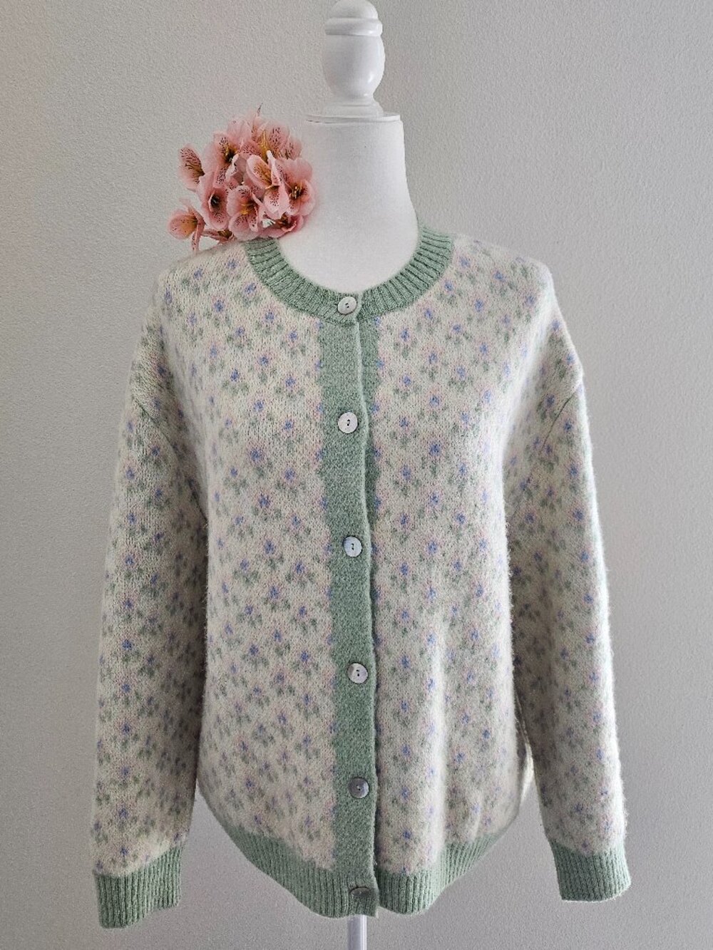 ZARA Floral Knit Oversized Cardigan Sweater Sage Green Pastel M